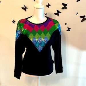 Vintage 90s Black Angora Blend Sequin Pullover Sweater Shoulder Pads Size S